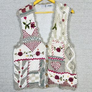By Design Sz M Sweater Vest Cardigan Cottage Heart‎ Rose Embroidered Floral Twee